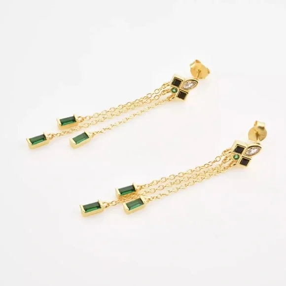 GOLD PLATED STERLING SILVER ART DECO MID CENTURY MODERN EMERALD ONYX DANGLE - Picture 2 of 10
